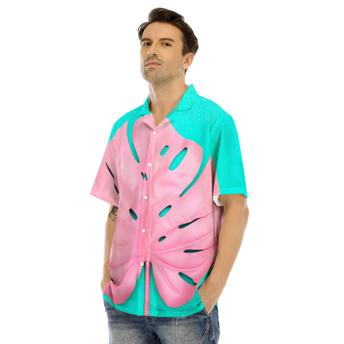 Blue And Pink Tropical Palm Leaf Print Men's Hawaiian Shirt-grizzshop