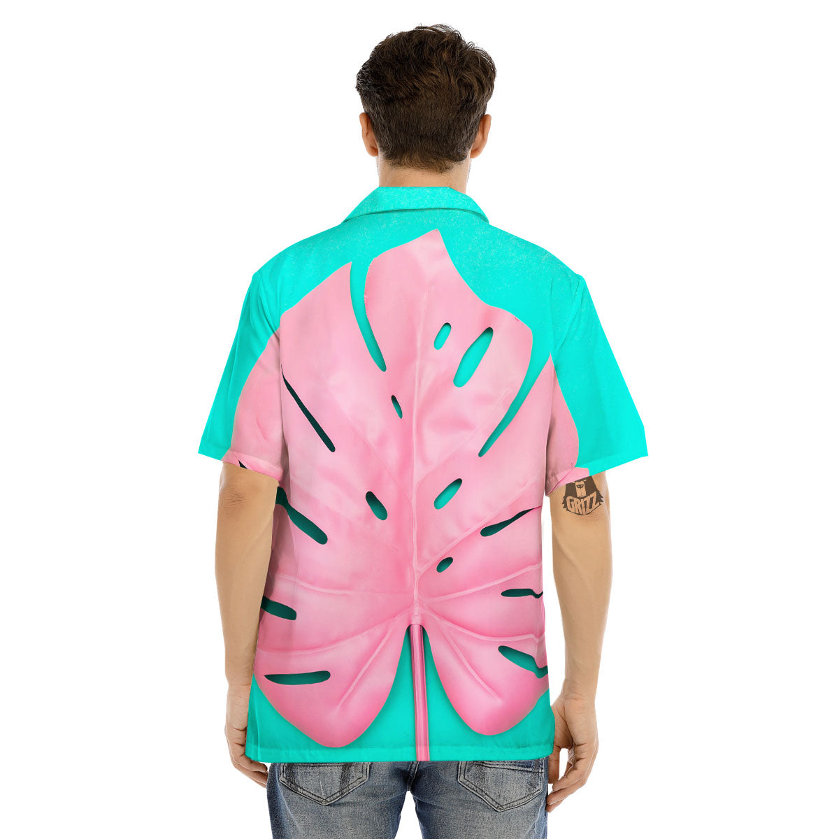 Blue And Pink Tropical Palm Leaf Print Men's Hawaiian Shirt-grizzshop