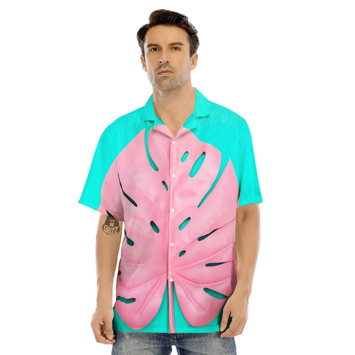 Blue And Pink Tropical Palm Leaf Print Men's Hawaiian Shirt-grizzshop