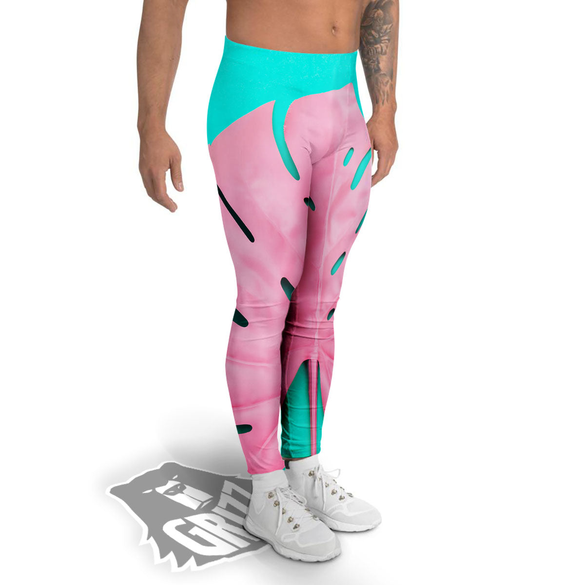 Blue And Pink Tropical Palm Leaf Print Men's Leggings-grizzshop