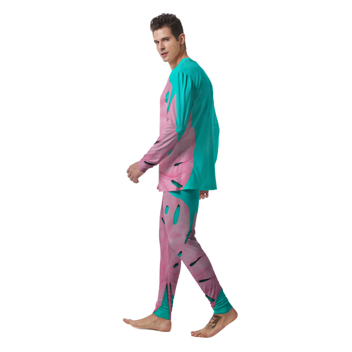 Blue And Pink Tropical Palm Leaf Print Men's Pajamas-grizzshop