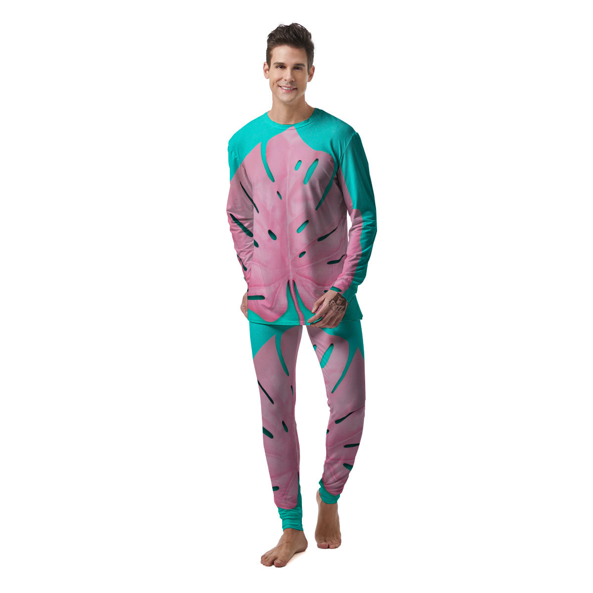 Blue And Pink Tropical Palm Leaf Print Men's Pajamas-grizzshop