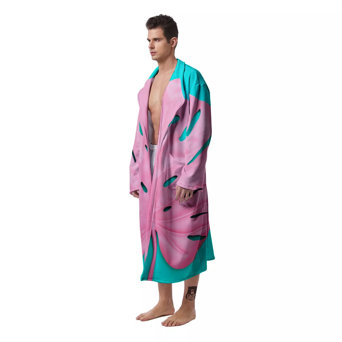 Blue And Pink Tropical Palm Leaf Print Men's Robe-grizzshop