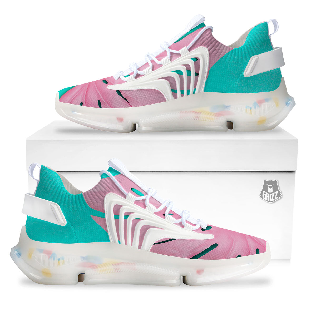 Blue And Pink Tropical Palm Leaf Print White Gym Shoes-grizzshop