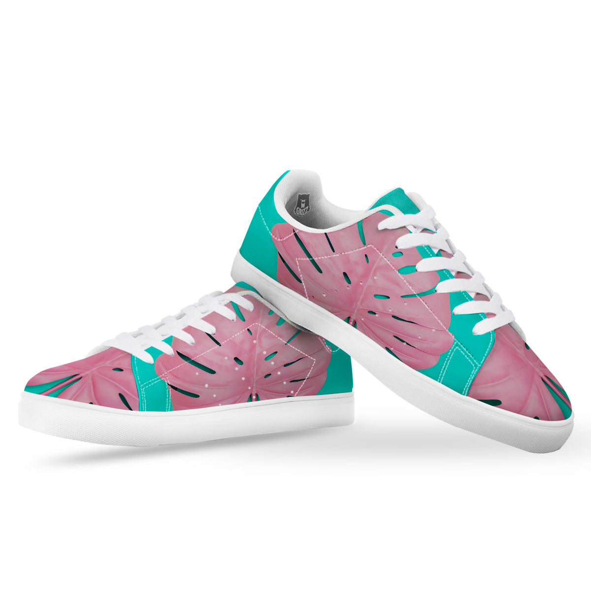 Blue And Pink Tropical Palm Leaf Print White Low Top Sneakers-grizzshop