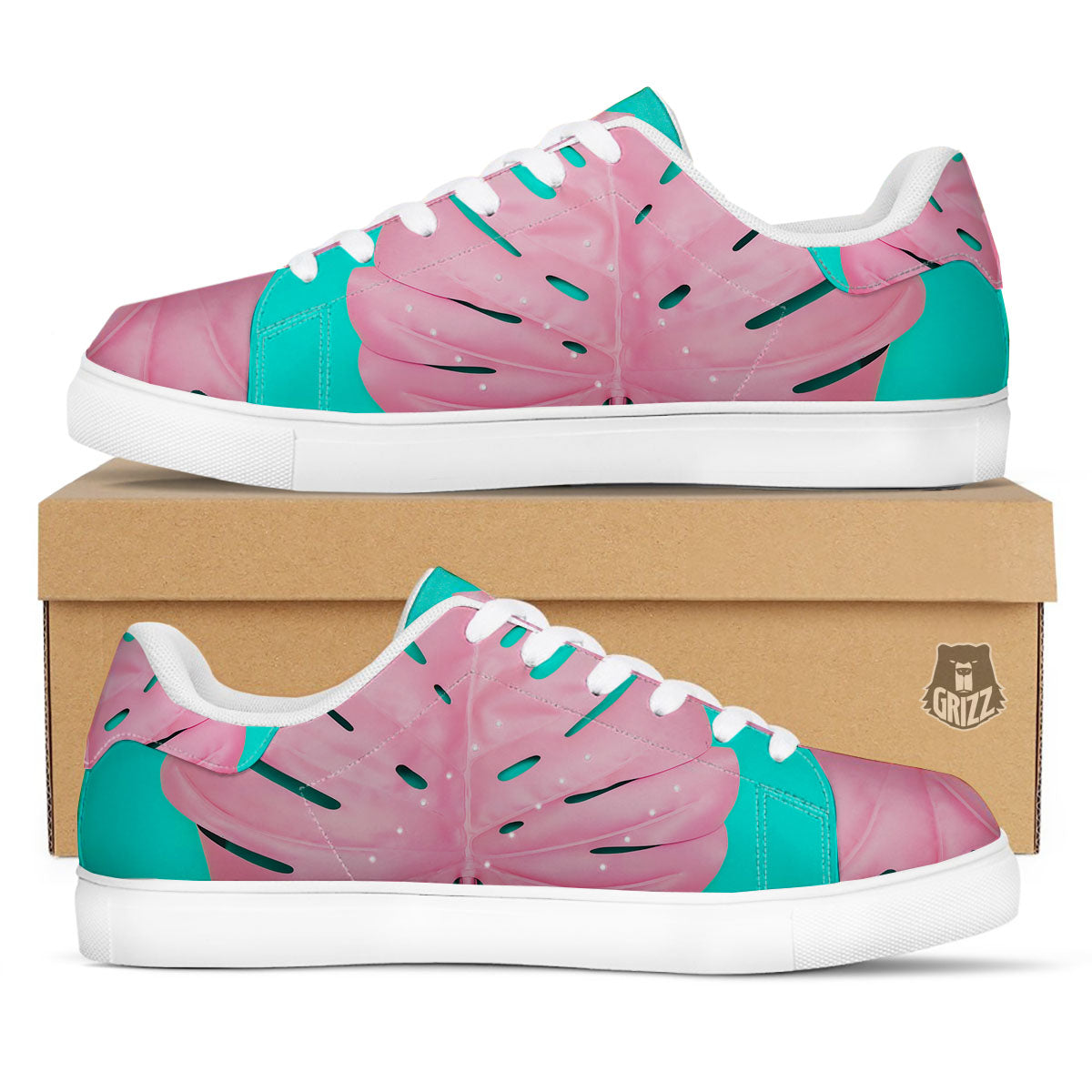 Blue And Pink Tropical Palm Leaf Print White Low Top Sneakers-grizzshop