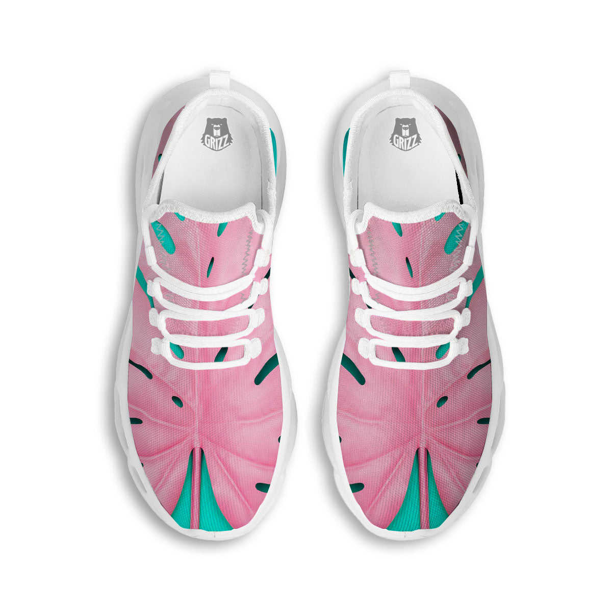 Blue And Pink Tropical Palm Leaf Print White Running Shoes-grizzshop