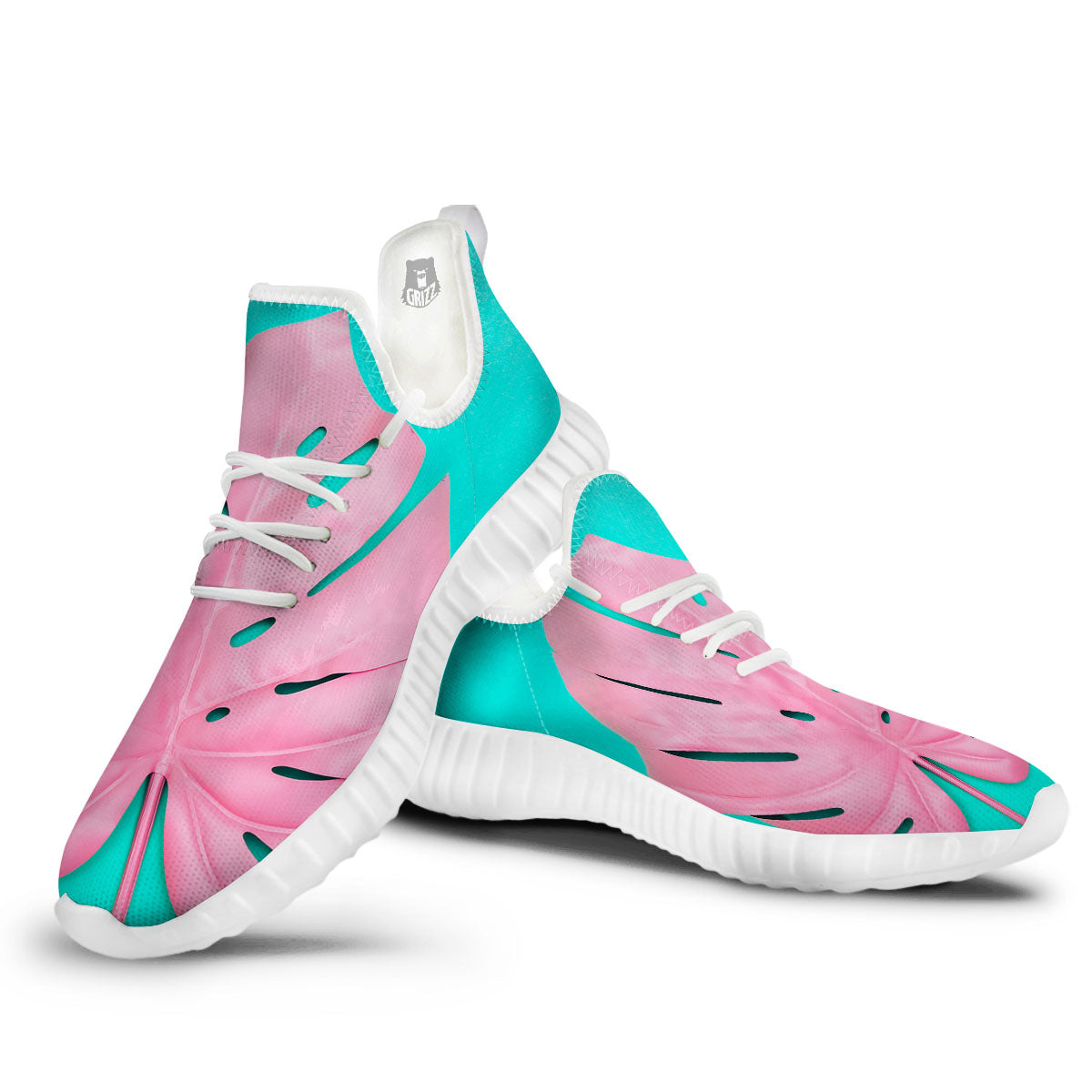 Blue And Pink Tropical Palm Leaf Print White Walking Shoes-grizzshop
