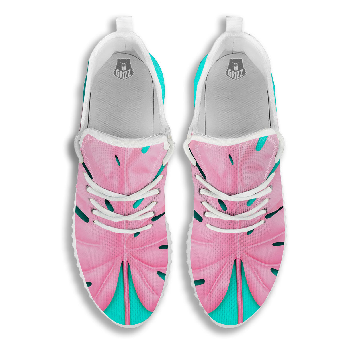 Blue And Pink Tropical Palm Leaf Print White Walking Shoes-grizzshop