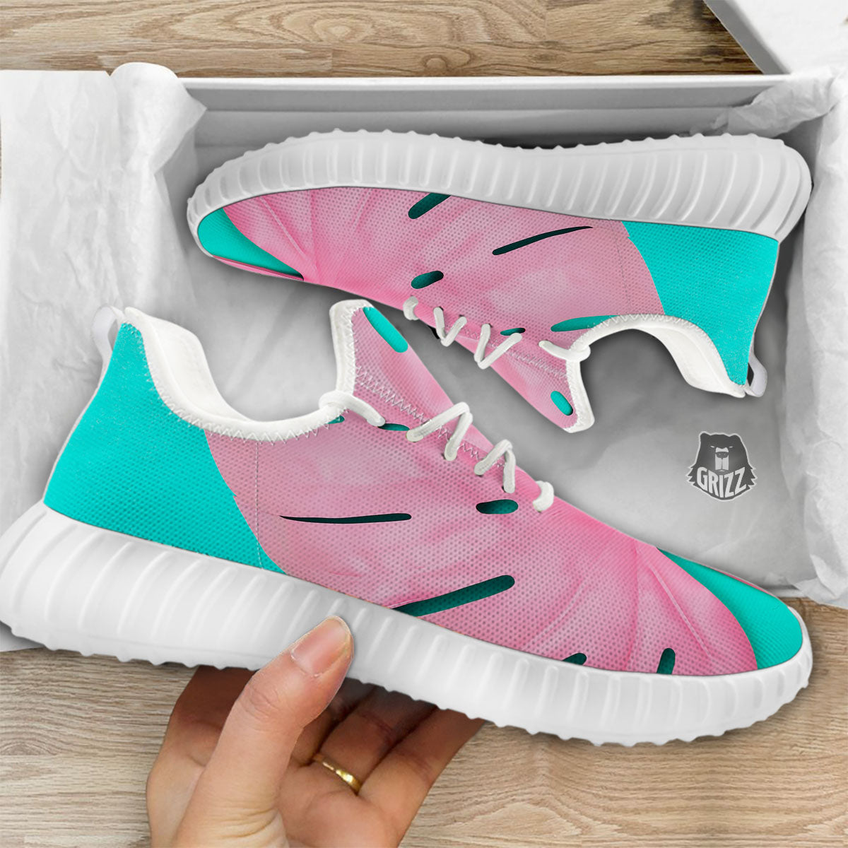 Blue And Pink Tropical Palm Leaf Print White Walking Shoes-grizzshop