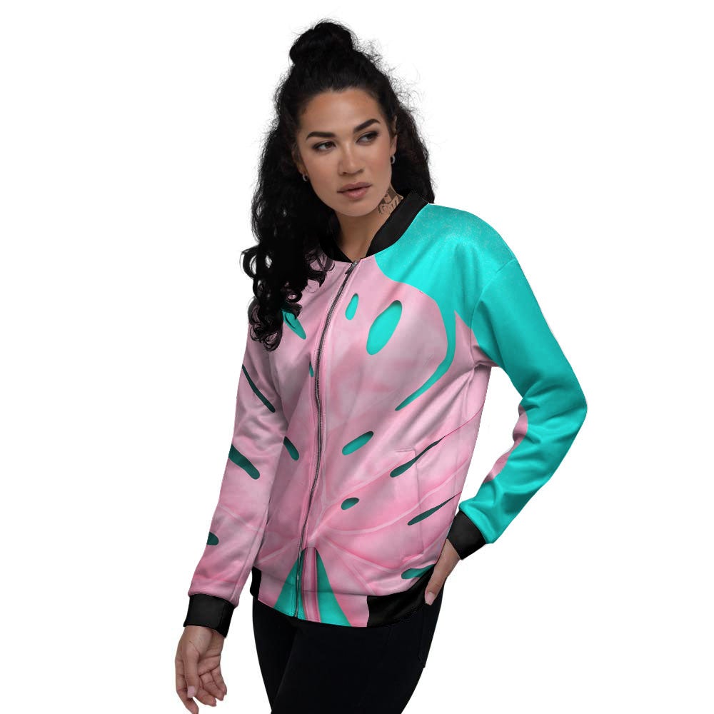 Blue And Pink Tropical Palm Leaf Print Women's Bomber Jacket-grizzshop