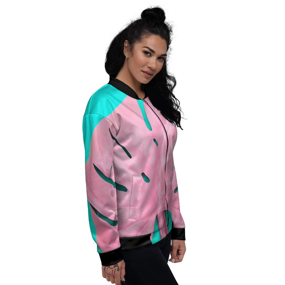 Blue And Pink Tropical Palm Leaf Print Women's Bomber Jacket-grizzshop