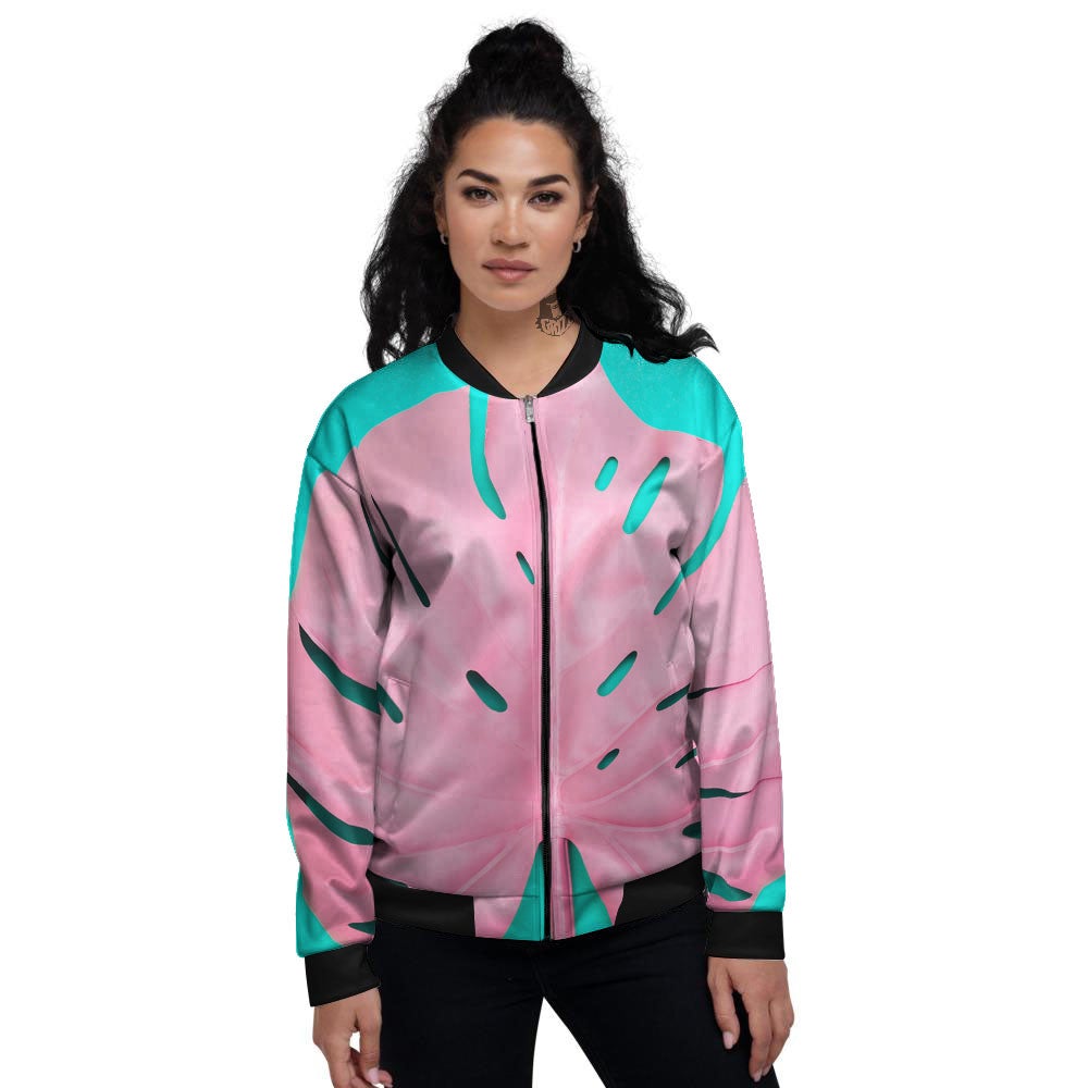 Blue And Pink Tropical Palm Leaf Print Women's Bomber Jacket-grizzshop