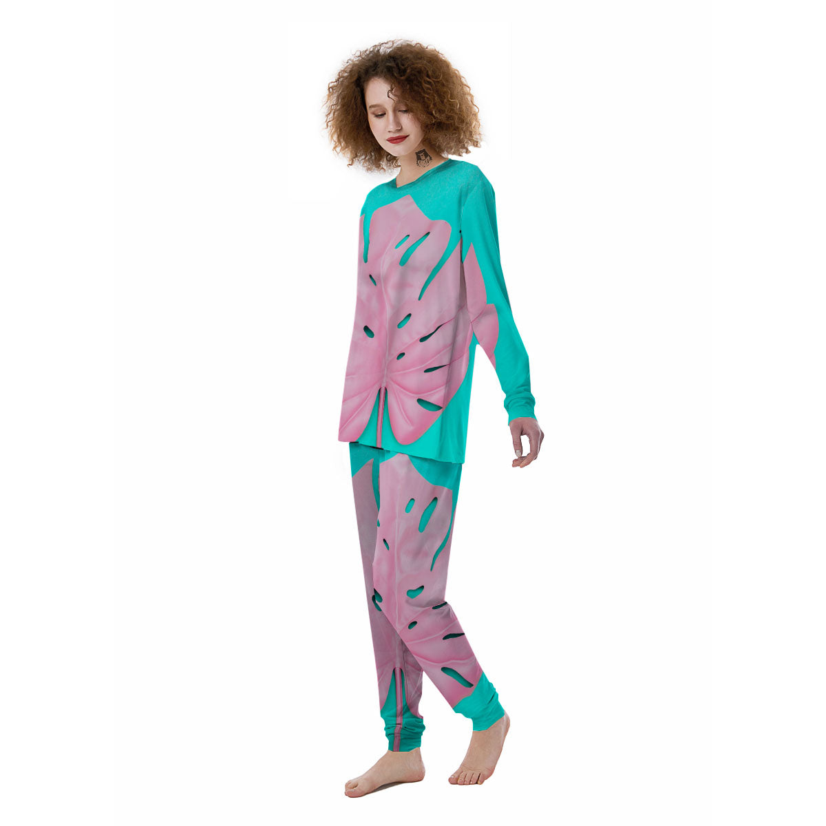 Blue And Pink Tropical Palm Leaf Print Women's Pajamas-grizzshop