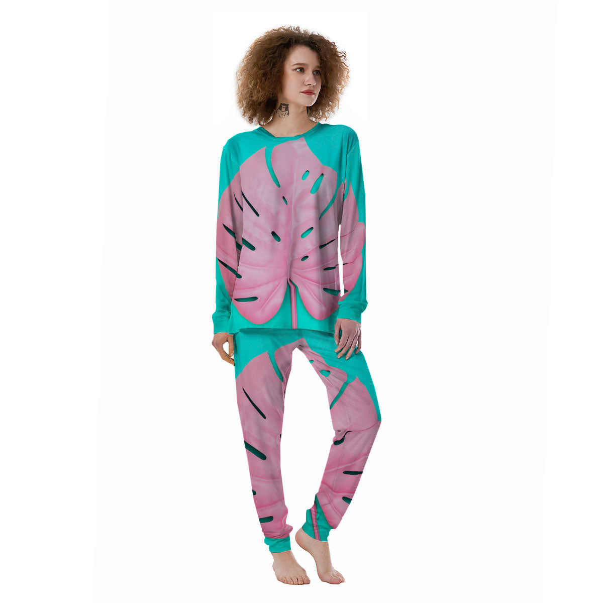 Blue And Pink Tropical Palm Leaf Print Women's Pajamas-grizzshop