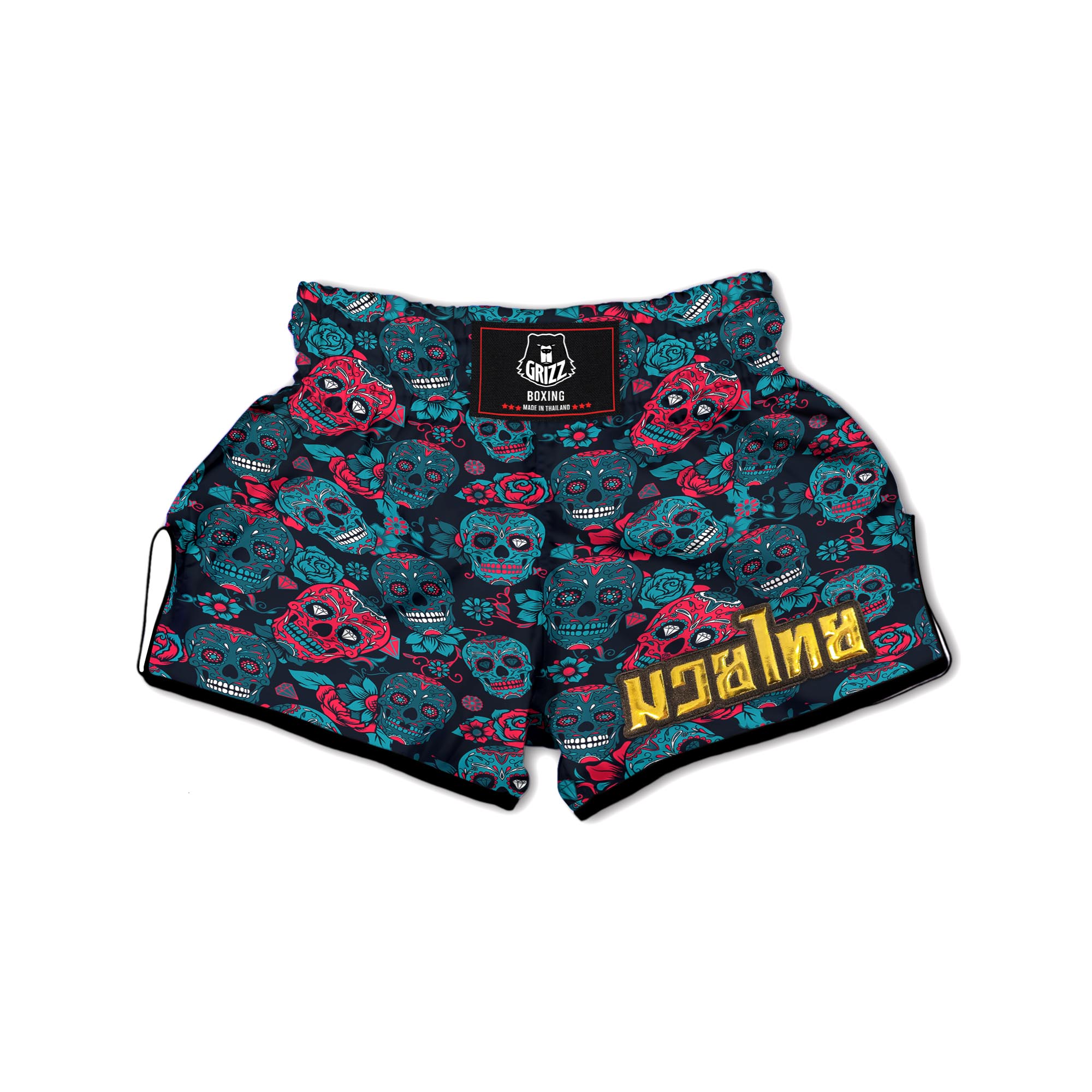 Blue And Red Floral Sugar Skull Muay Thai Boxing Shorts-grizzshop
