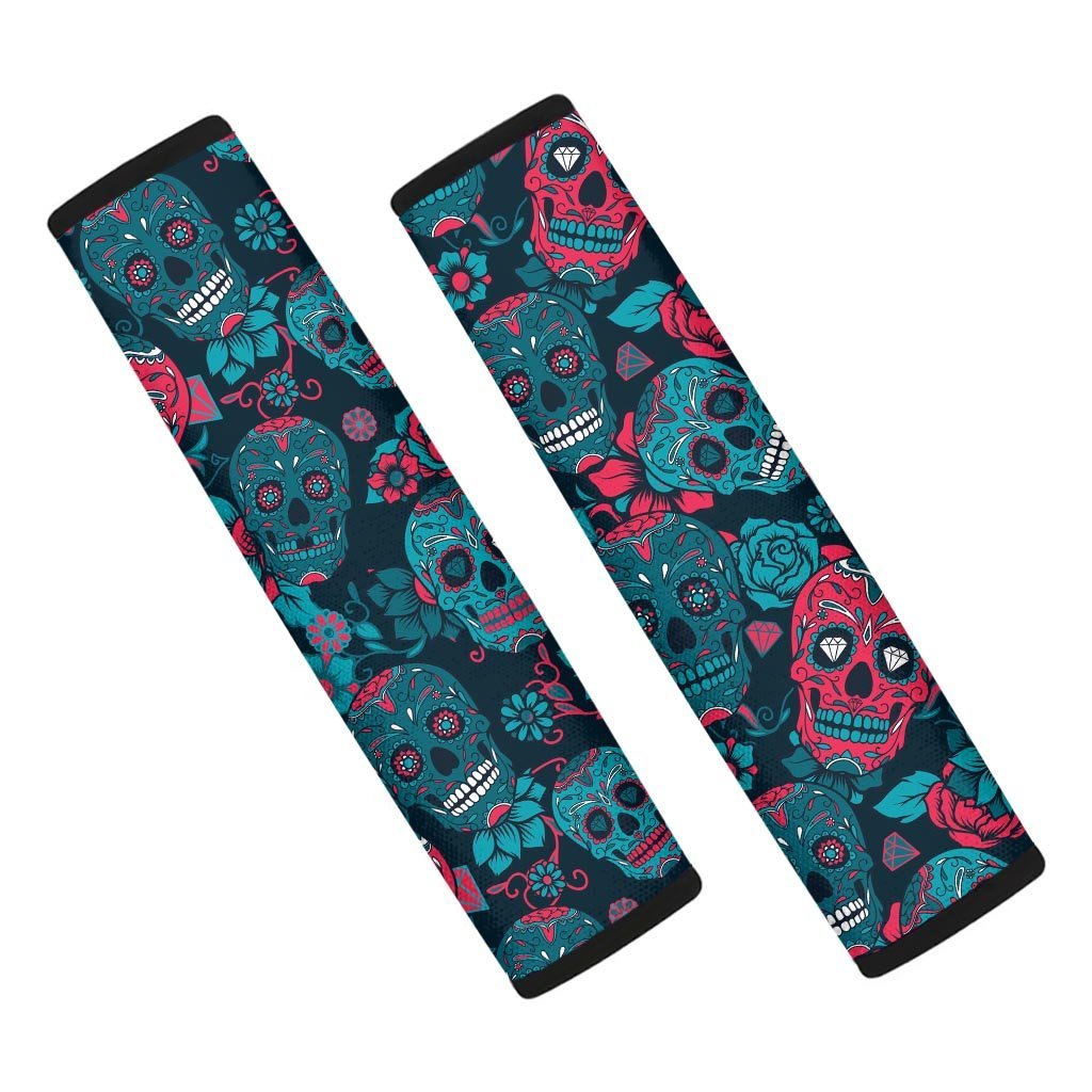 Blue And Red Floral Sugar Skull Seat Belt Cover-grizzshop