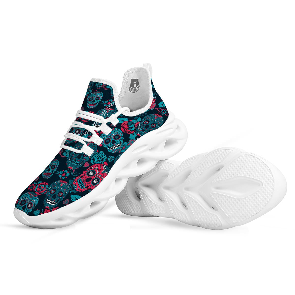 Blue And Red Floral Sugar Skull White Running Shoes-grizzshop