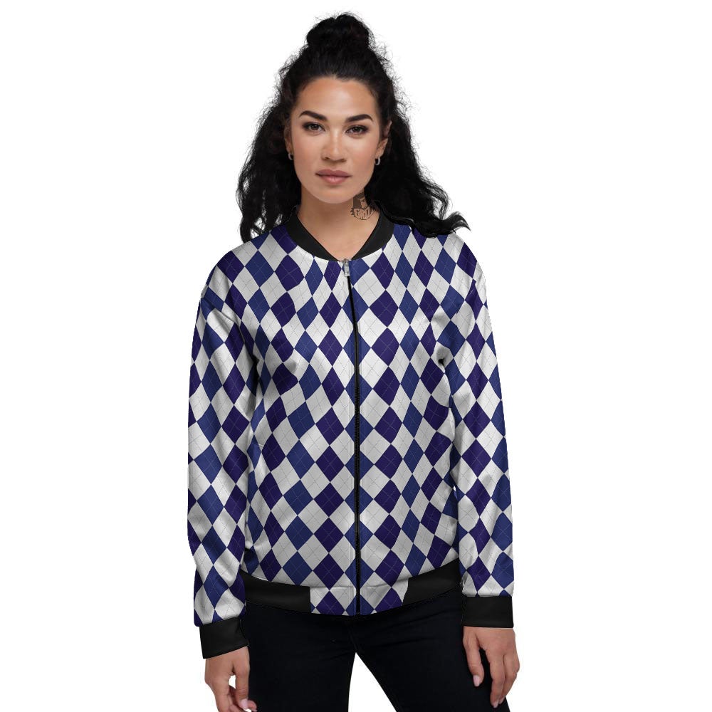Blue And White Navy Argyle Print Pattern Women's Bomber Jacket-grizzshop