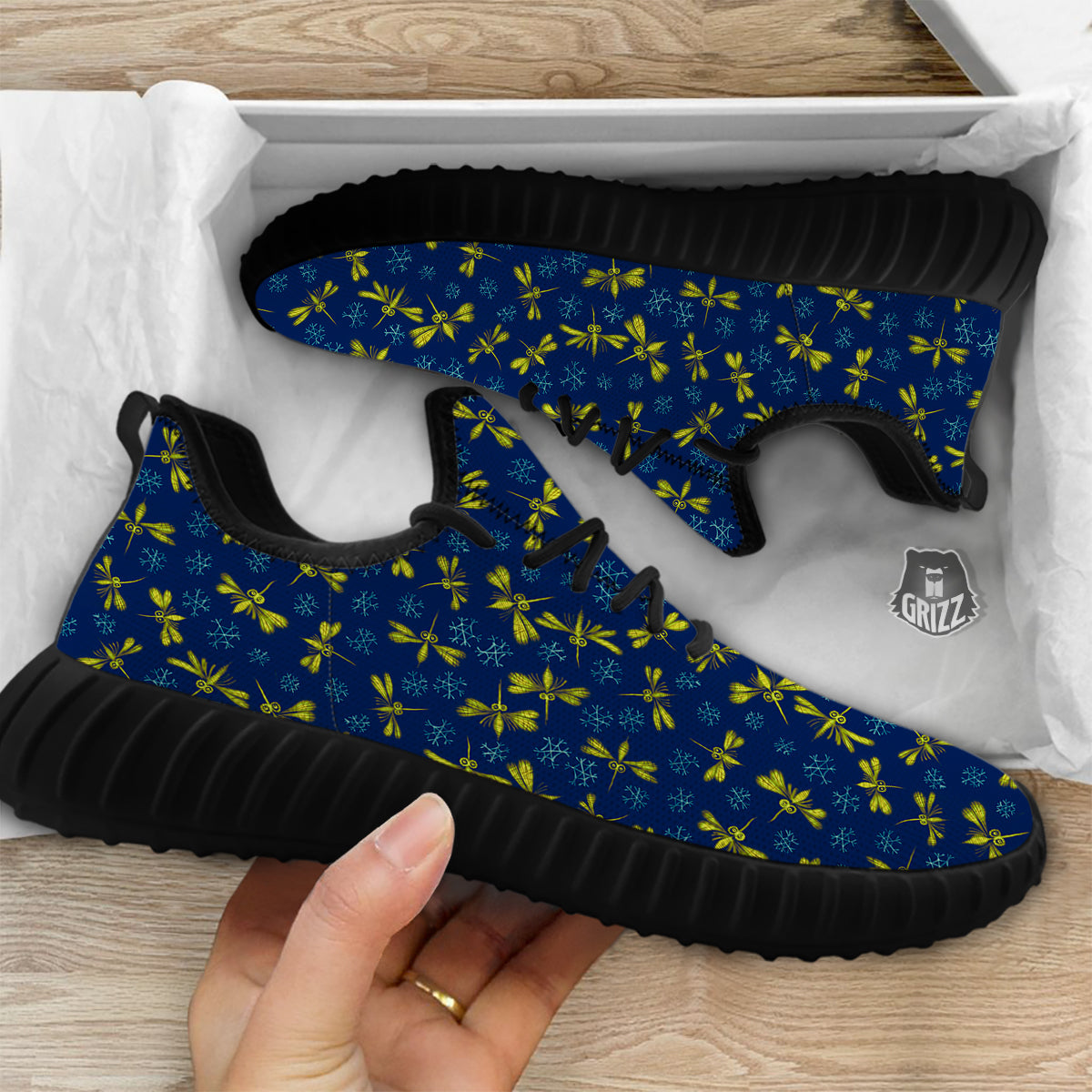 Blue And Yellow Mosquito Flying Print Pattern Black Walking Shoes-grizzshop
