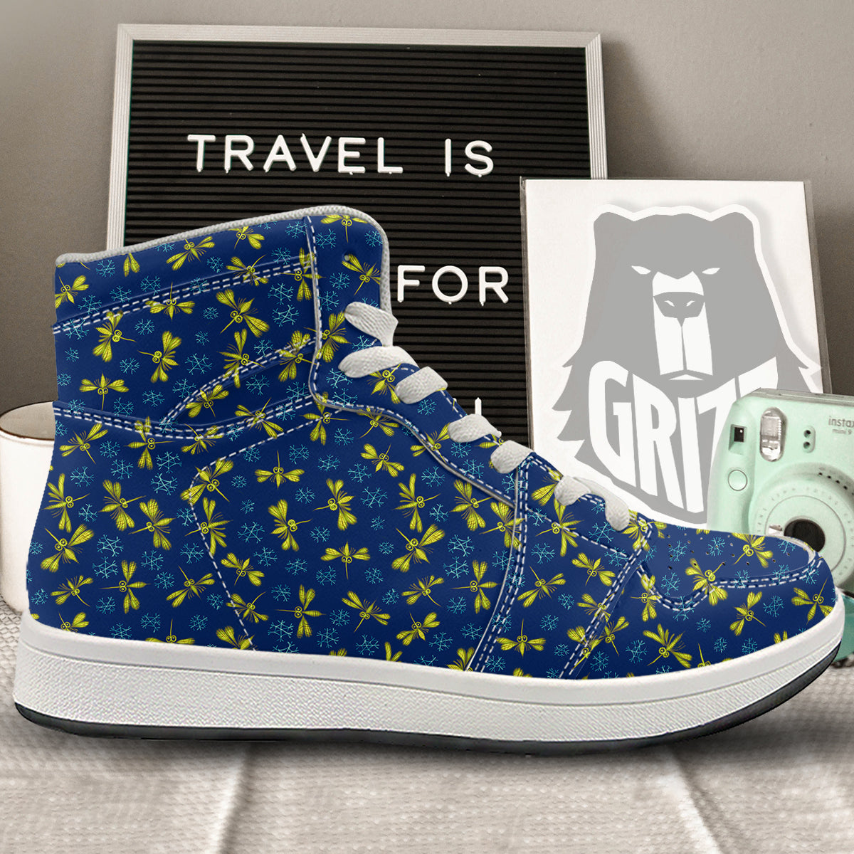 Blue And Yellow Mosquito Flying Print Pattern High Top Sneakers-grizzshop