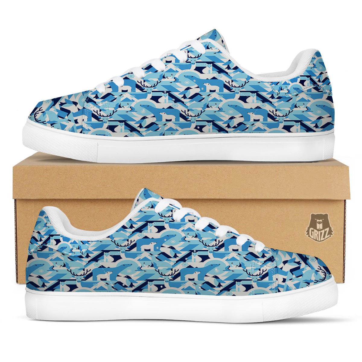 Blue Arctic Animals Print Pattern White Low Top Sneakers-grizzshop
