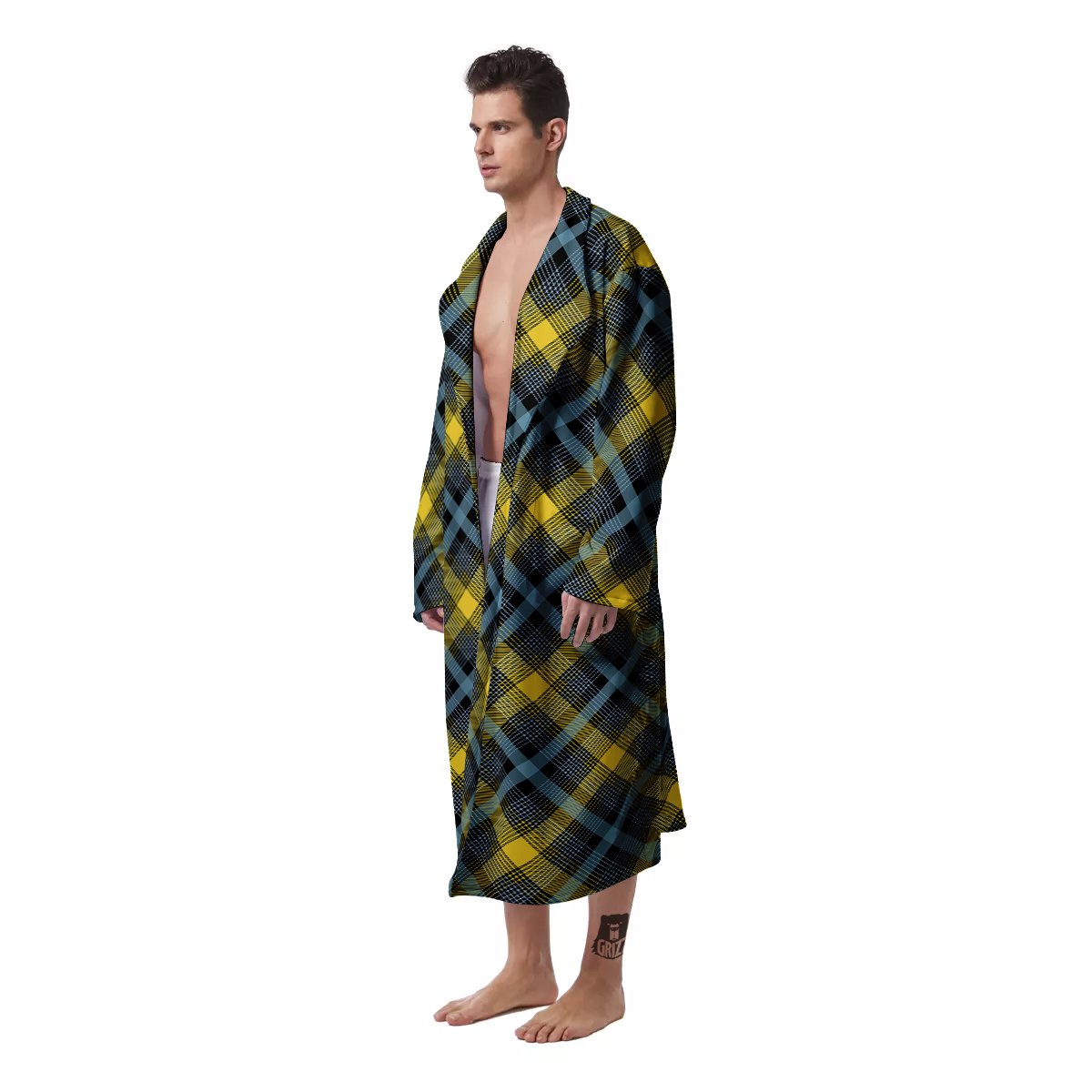 Blue Argyle And Black Yellow Print Pattern Men's Robe-grizzshop