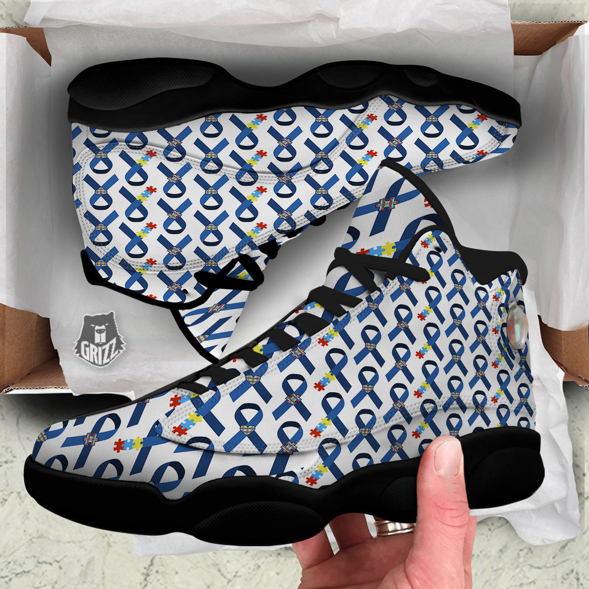 Blue Autism Awarenes Print Pattern Black Basketball Shoes-grizzshop