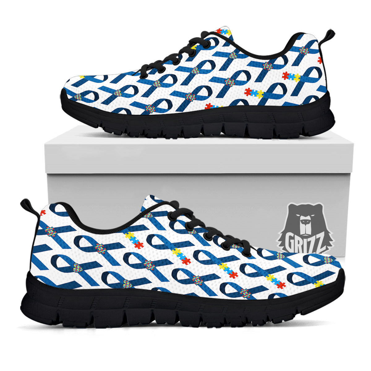 Blue Autism Awarenes Print Pattern Black Sneaker-grizzshop