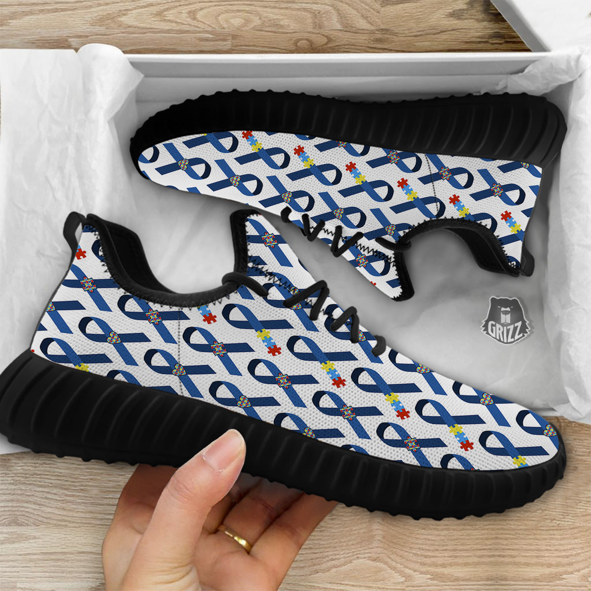 Blue Autism Awarenes Print Pattern Black Walking Shoes-grizzshop