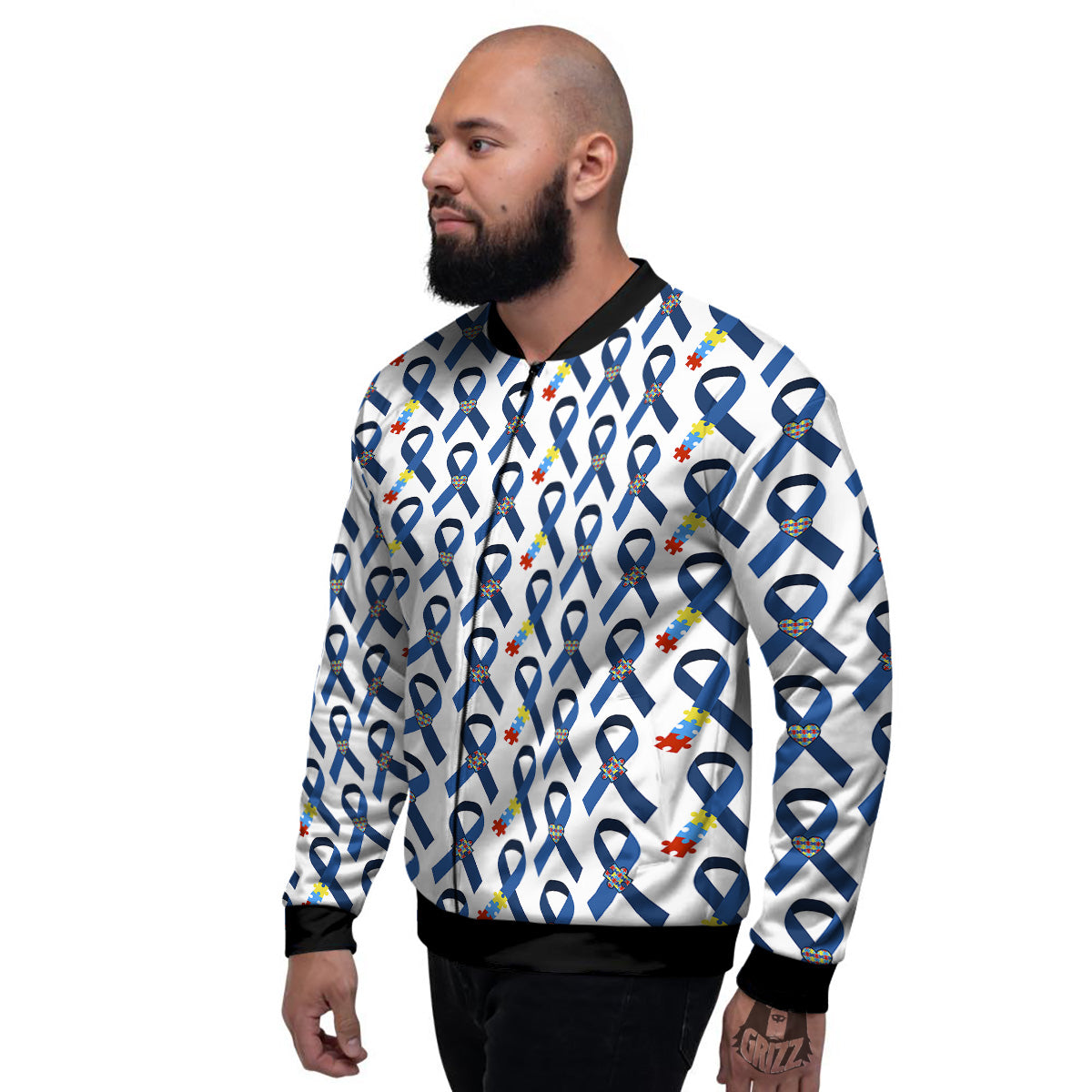 Blue Autism Awarenes Print Pattern Men's Bomber Jacket-grizzshop