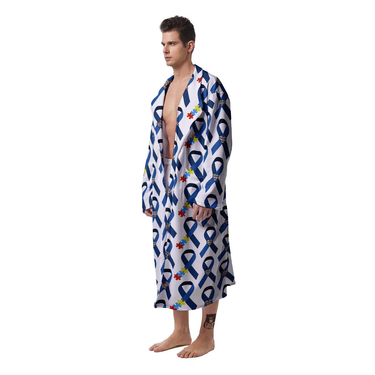 Blue Autism Awarenes Print Pattern Men's Robe-grizzshop