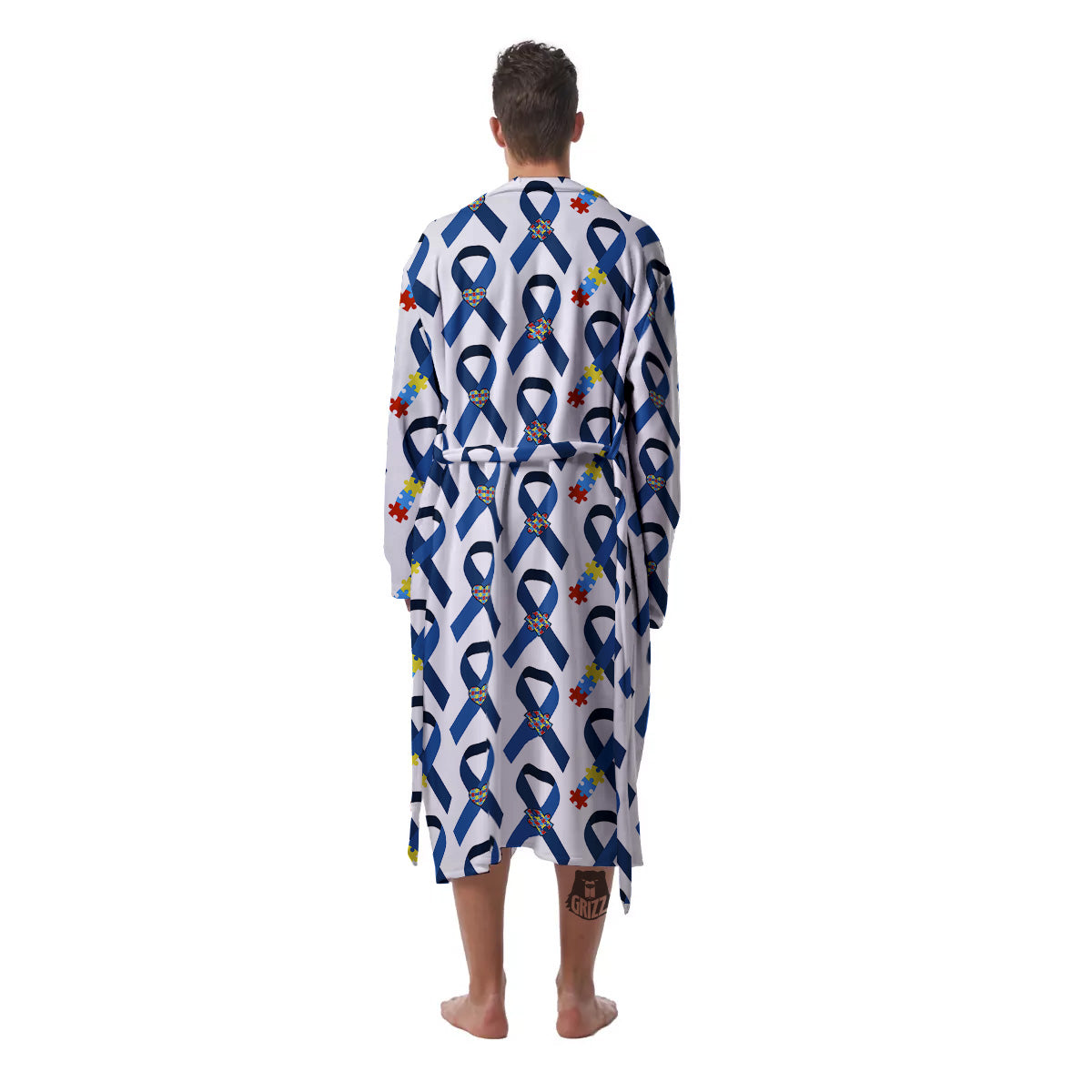 Blue Autism Awarenes Print Pattern Men's Robe-grizzshop