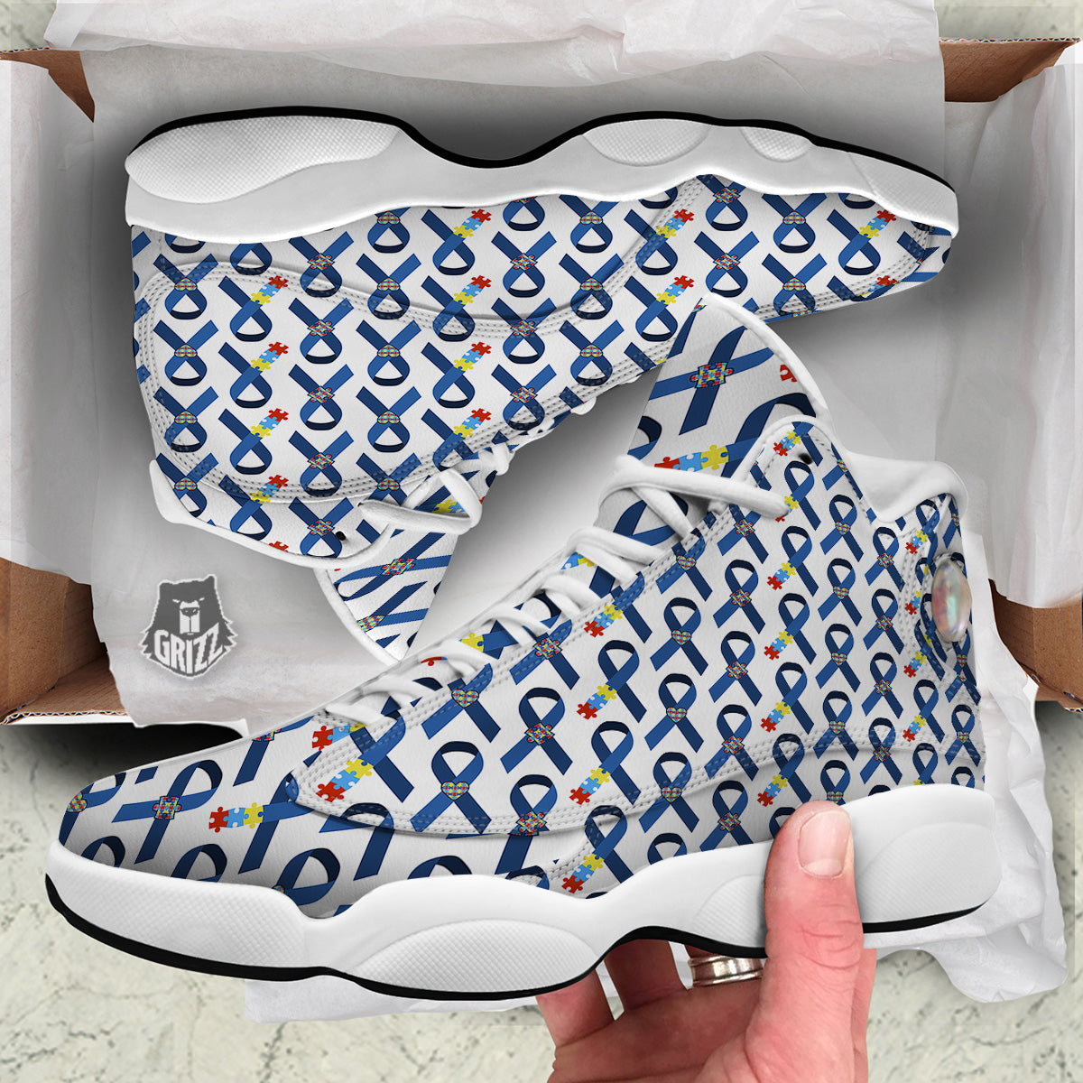Blue Autism Awarenes Print Pattern White Basketball Shoes-grizzshop