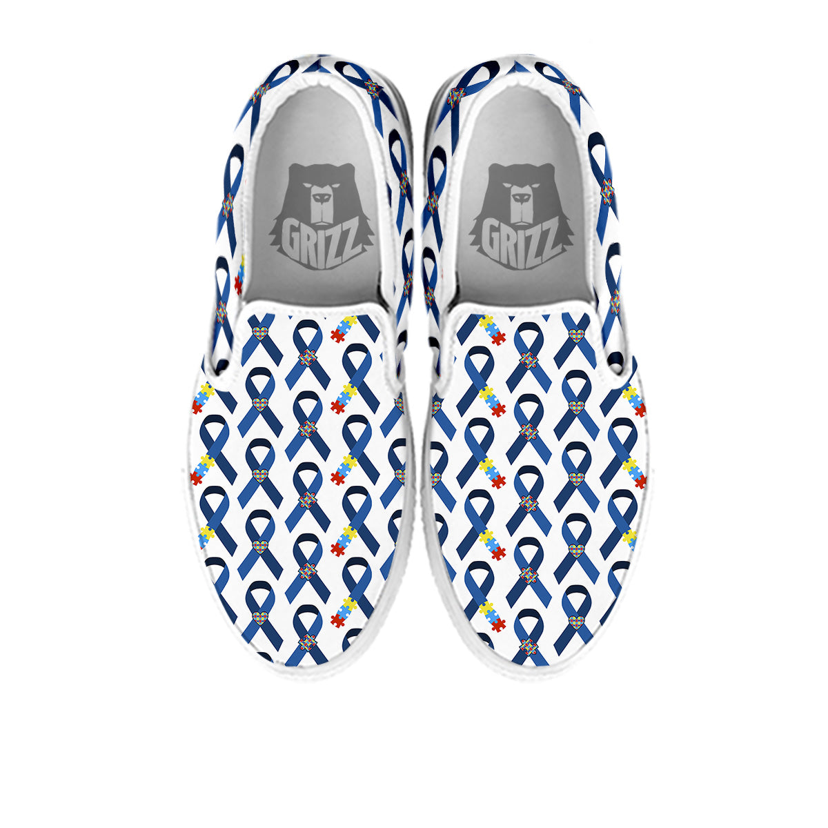 Blue Autism Awarenes Print Pattern White Slip On Shoes-grizzshop