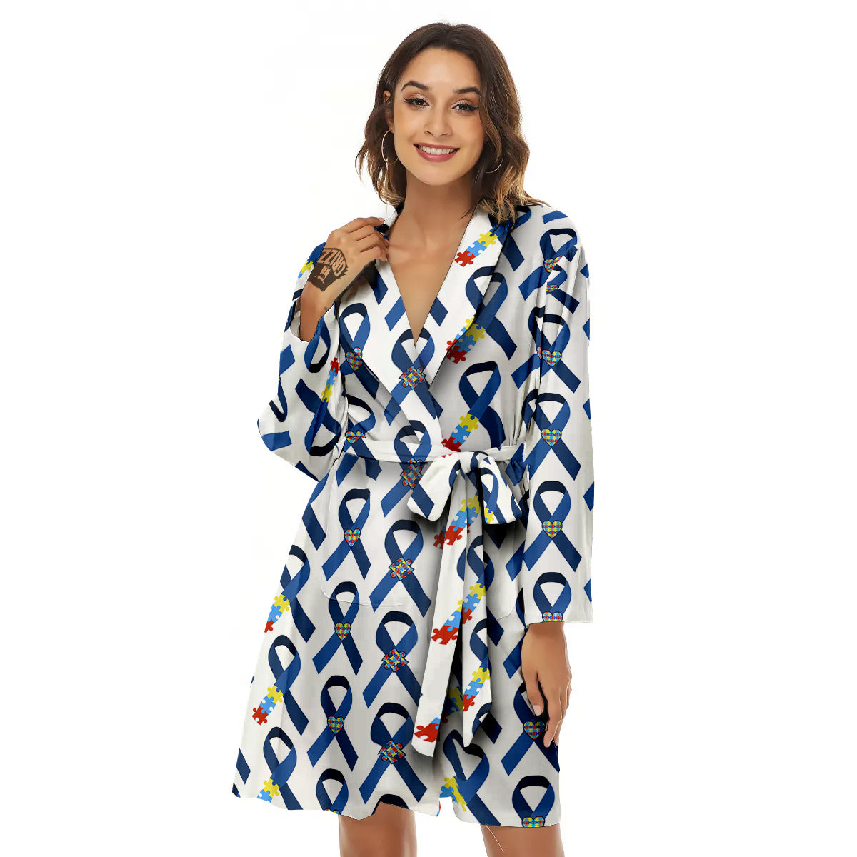 Blue Autism Awarenes Print Pattern Women's Robe-grizzshop