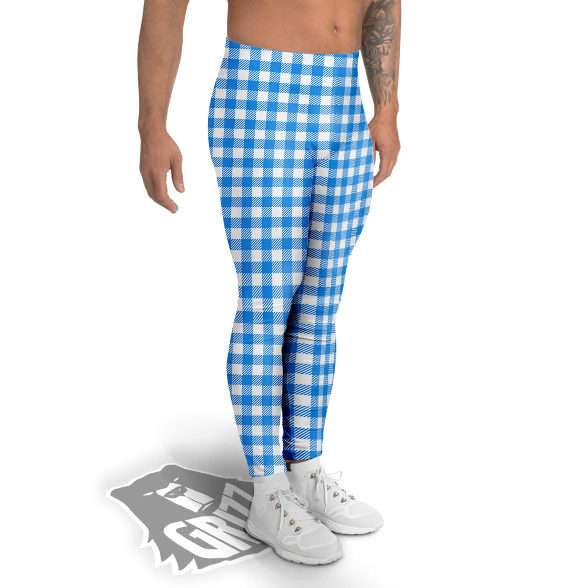Blue Azure And White Gingham Print Men's Leggings-grizzshop