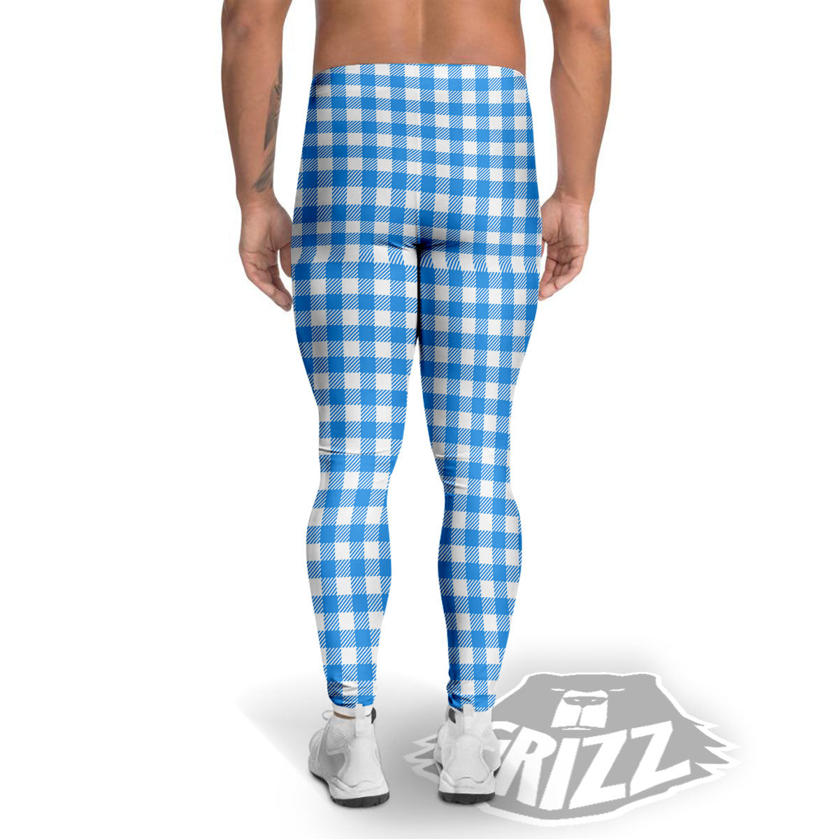 Blue Azure And White Gingham Print Men's Leggings-grizzshop