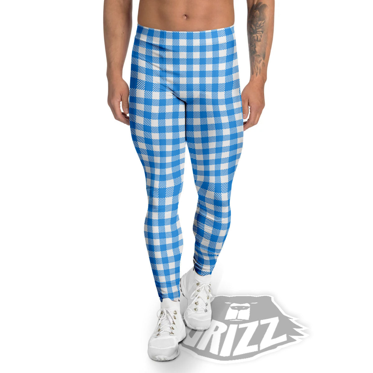 Blue Azure And White Gingham Print Men's Leggings-grizzshop