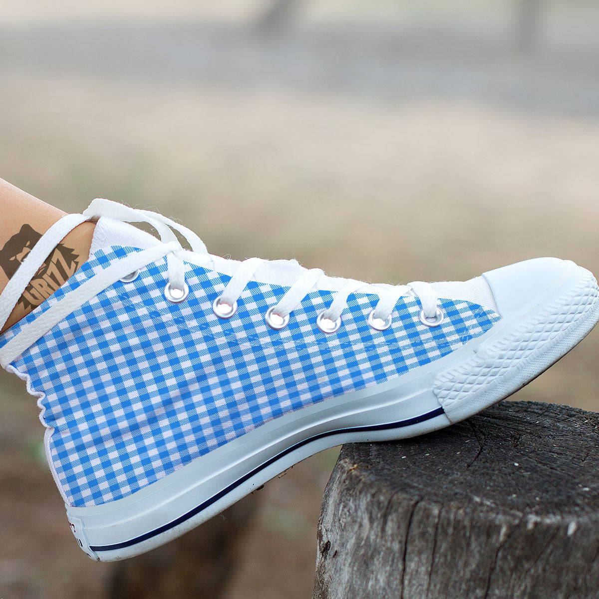 Blue Azure And White Gingham Print White High Top Shoes-grizzshop