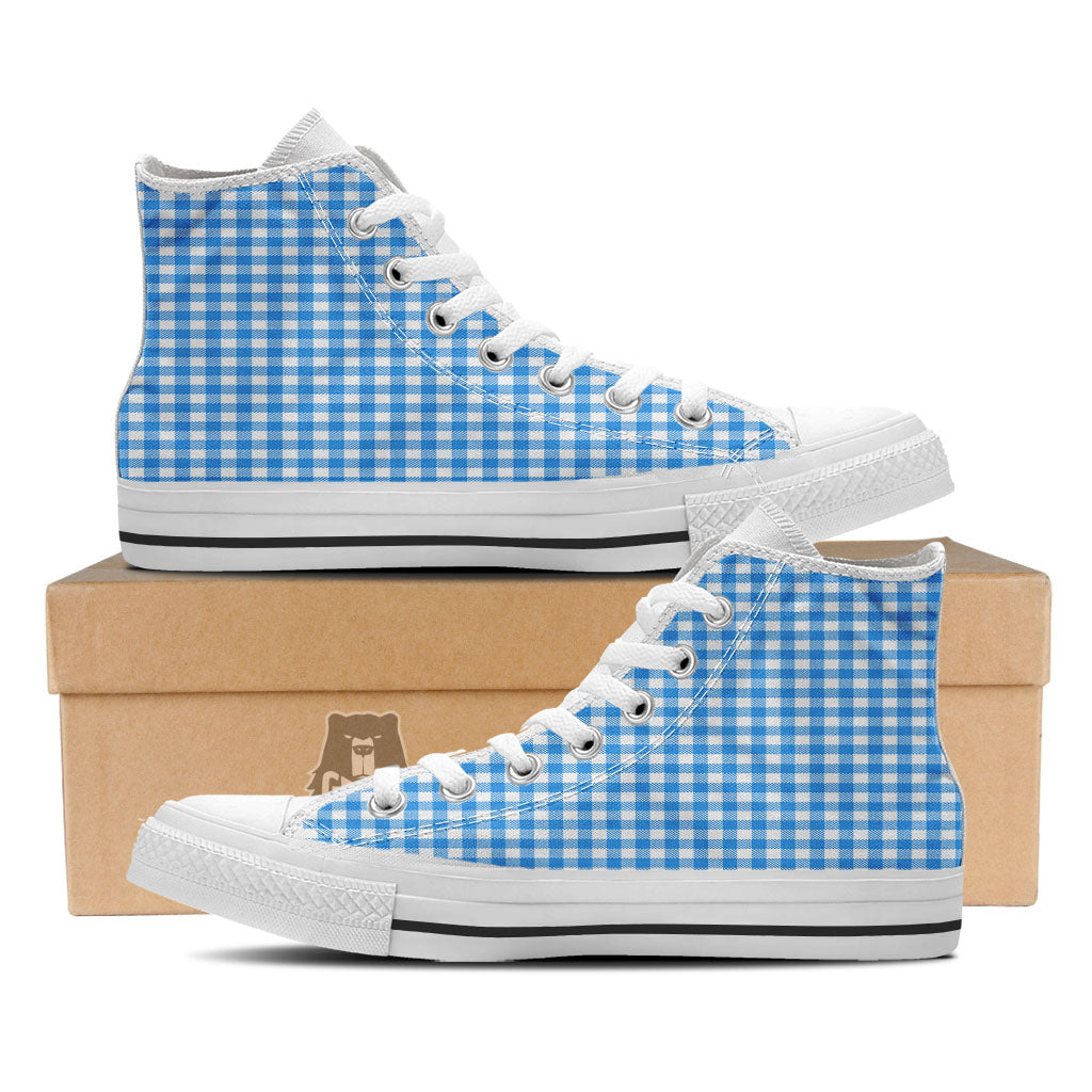 Blue Azure And White Gingham Print White High Top Shoes-grizzshop