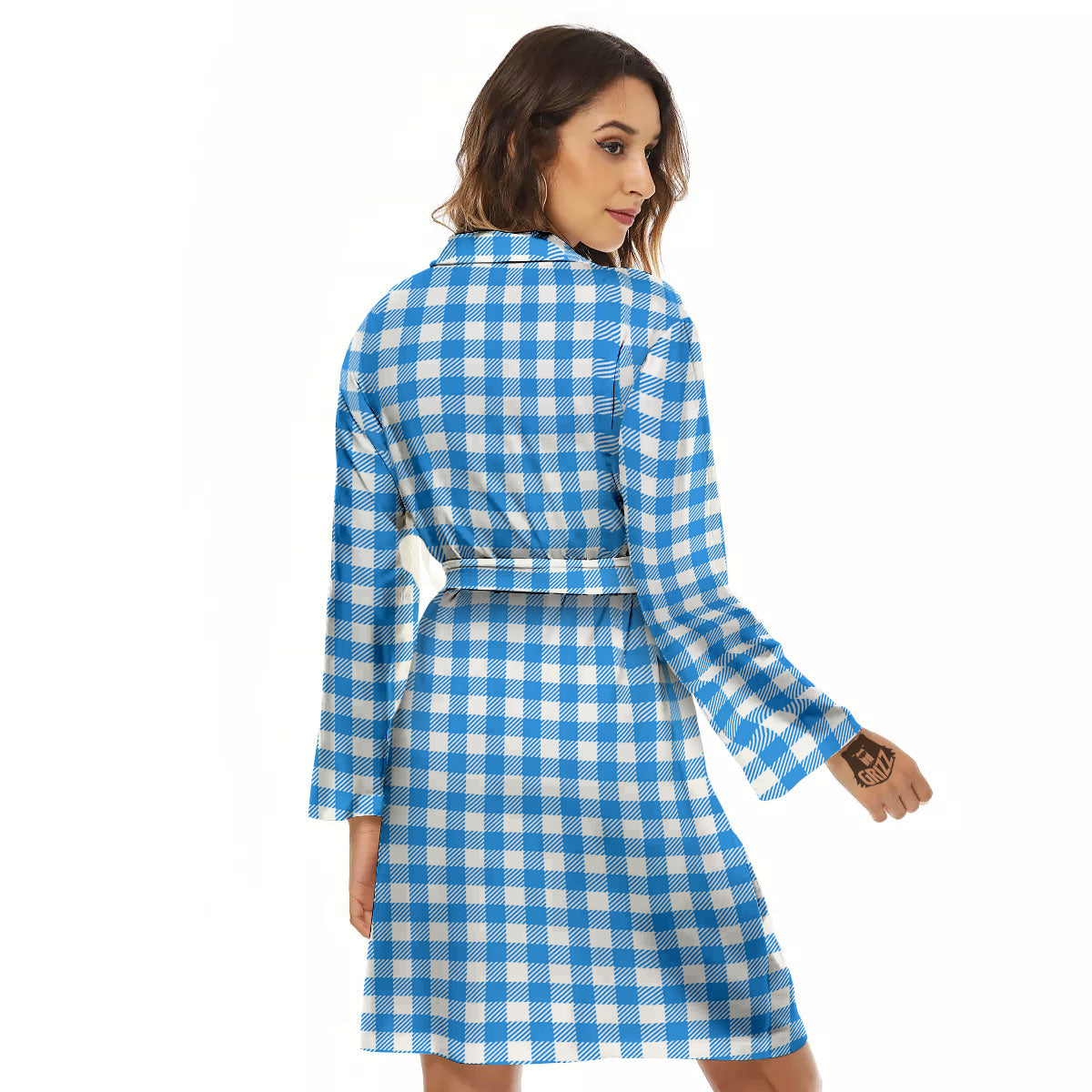 Blue Azure And White Gingham Print Women's Robe-grizzshop