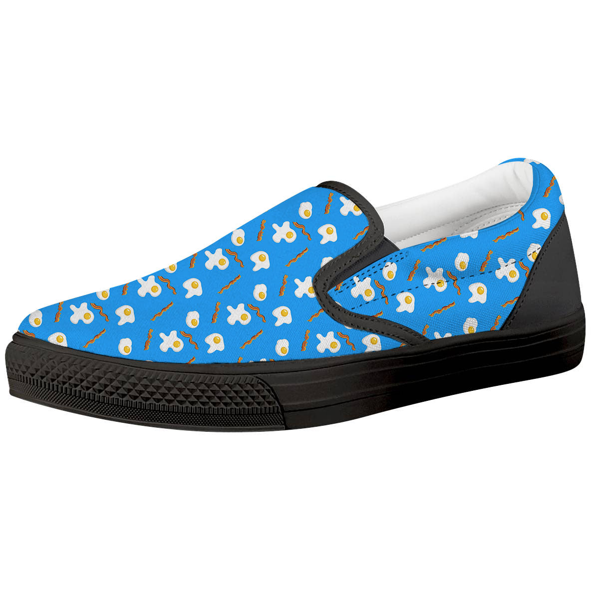 Blue Bacon And Fried Egg Print Pattern Black Slip On Shoes-grizzshop