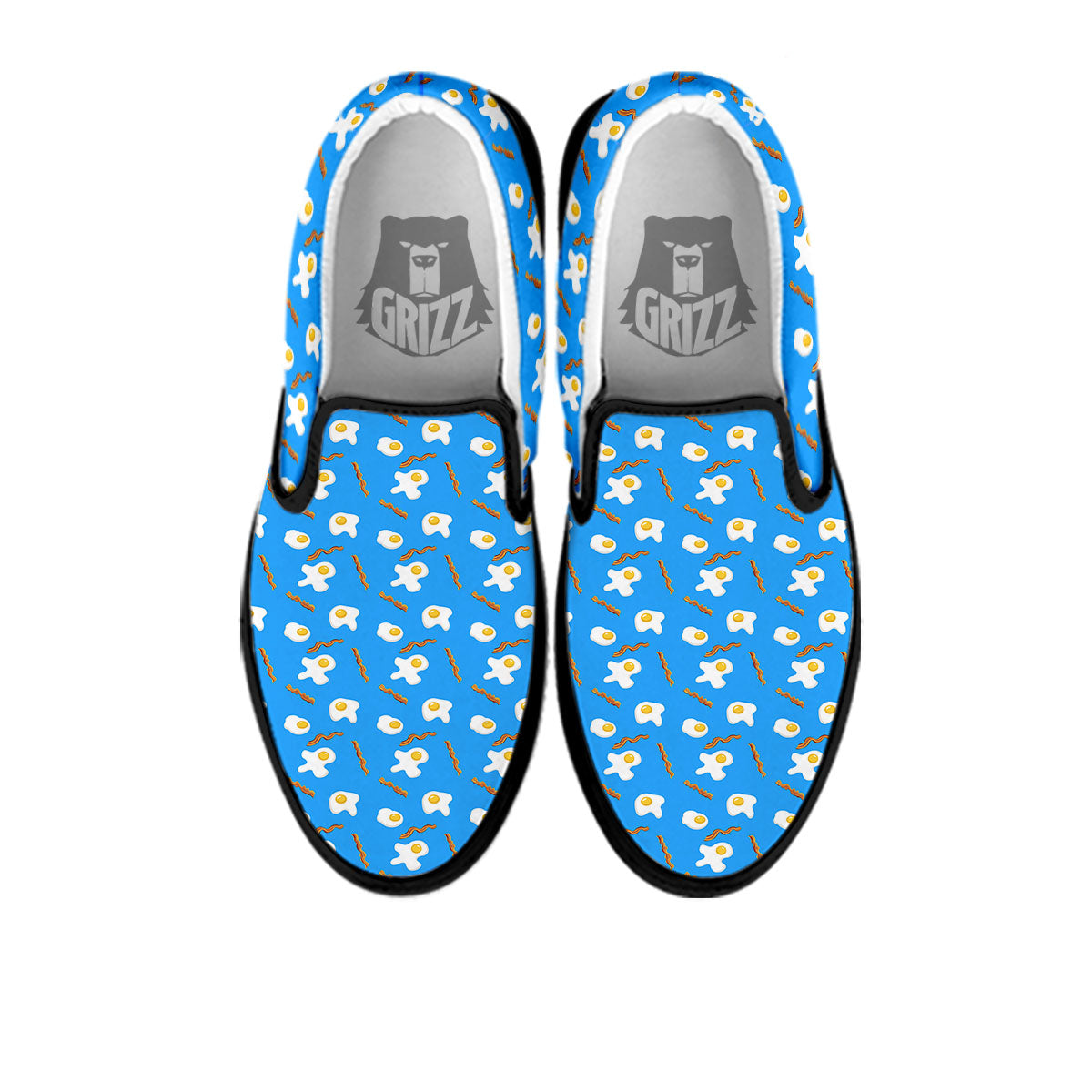 Blue Bacon And Fried Egg Print Pattern Black Slip On Shoes-grizzshop