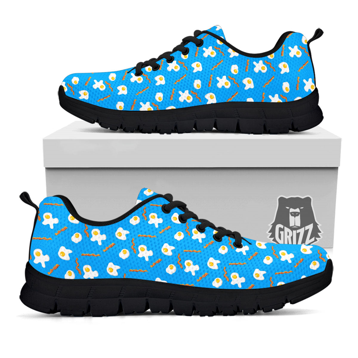Blue Bacon And Fried Egg Print Pattern Black Sneaker-grizzshop