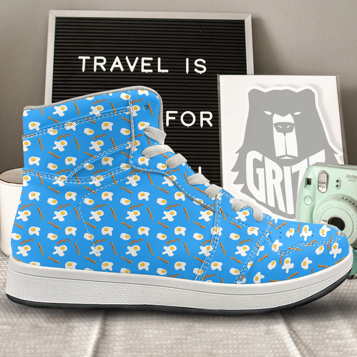Blue Bacon And Fried Egg Print Pattern High Top Sneakers-grizzshop