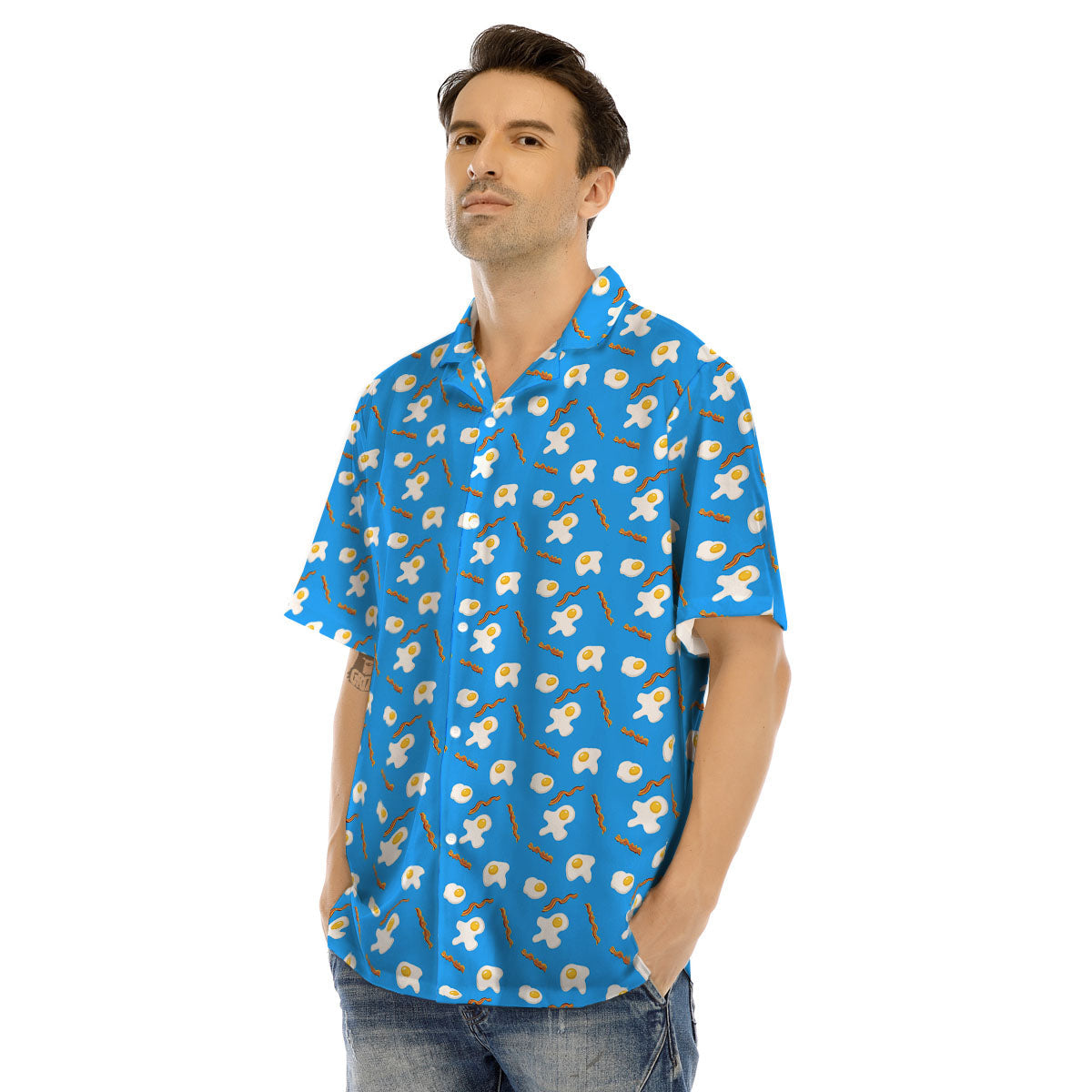 Blue Bacon And Fried Egg Print Pattern Men's Hawaiian Shirt-grizzshop