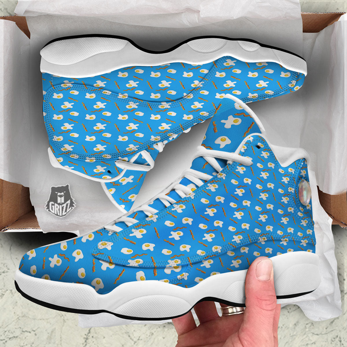 Blue Bacon And Fried Egg Print Pattern White Basketball Shoes-grizzshop