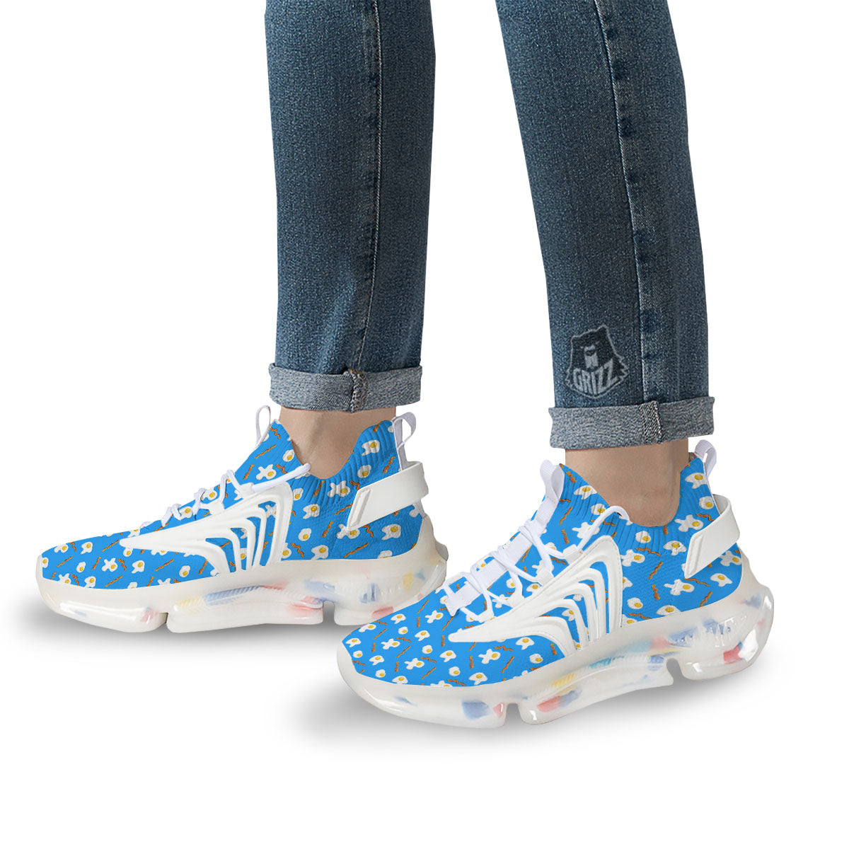 Blue Bacon And Fried Egg Print Pattern White Gym Shoes-grizzshop