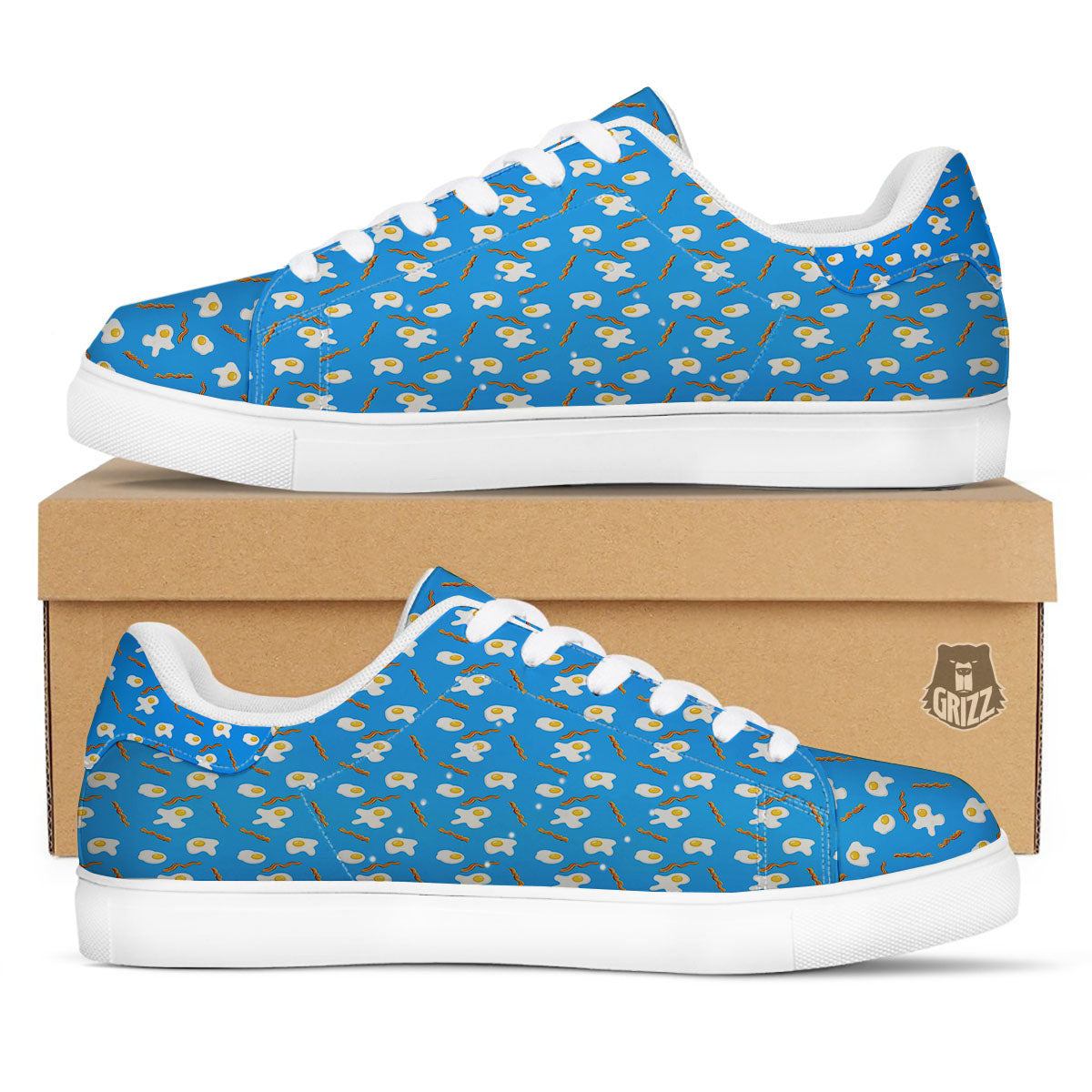 Blue Bacon And Fried Egg Print Pattern White Low Top Sneakers-grizzshop